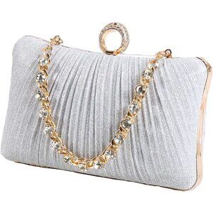 Elegant Silver Satin Clutch Bag with Rhinestone Handle for Women